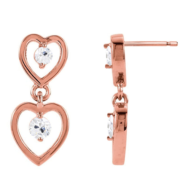 Heart 2 Stone Drop Earrings Rose Gold Old Cut Diamond 3.25 Ct