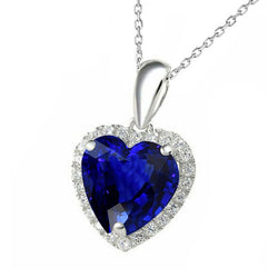 Heart Blue Sapphire & Round Natural Earth Mined Diamond Halo Pendant With Bail 5 Carats