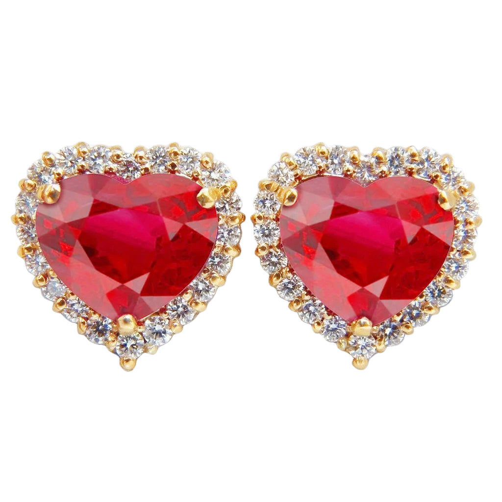 Heart Cut Ruby And Natural Earth Mined Diamond Stud Earring 7.40 Carats Yellow Gold 14K