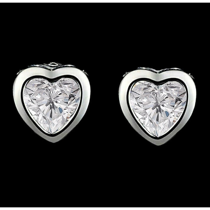 Women's Stud Earrings Heart Diamond Bezel Set 2 Carats