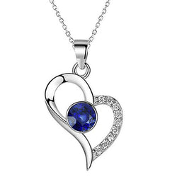 Heart Pendant Round Blue Sapphire & Diamond Necklace 1.25 Carats
