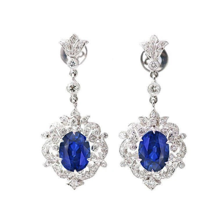 Kashmir Sapphire Natural Earth Mined Diamond Dangle Earring White Gold Women Jewelry 3 Ct