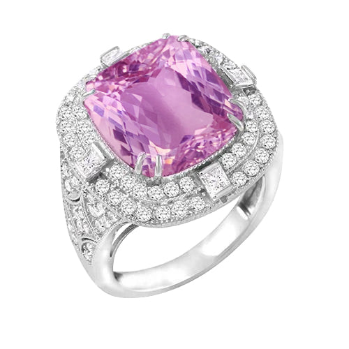 New High Quality Kunzite And Diamonds   Wedding Ring Gold White
