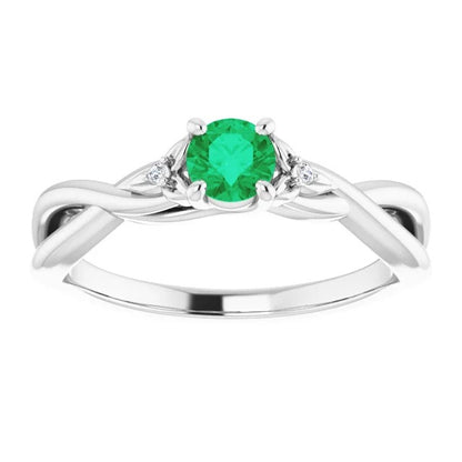 Ladies  Green Emerald Ring Twisted Shank White Gold  Gemstone Ring