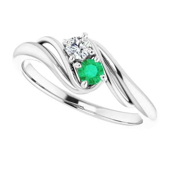 Gemstone Ring Diamond Round Green Emerald Bypass Setting Ring F Vs1