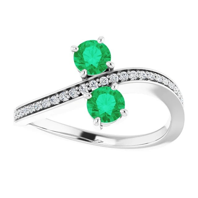 Toi et Moi Round Green Emerald Diamond  White Gold