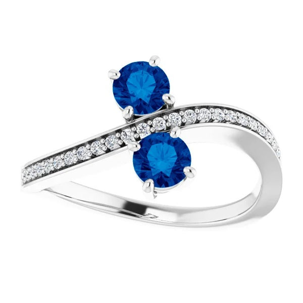 Ladies Toi et Moi Round Diamond Blue Sapphire Ring White Gold 