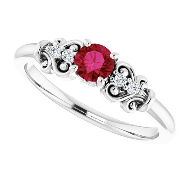 Gemstone Ring Diamond Round Ruby Ring White Gold 14K