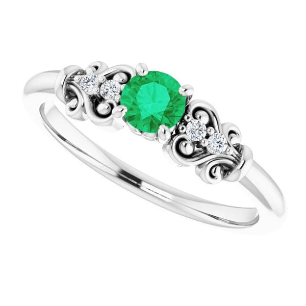 Gemstone Ring Diamond Round Green Emerald Ring White Gold 14K Jewelry