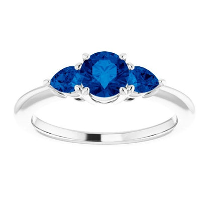 Three-Stone New  Round Ceylon Blue Sapphires White Gold  Gemstone Ring