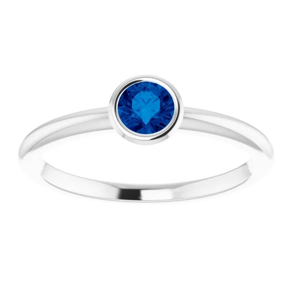 Solitaire Ring Blue Sapphire LAdies  Bezel Setting White Gold Gemstone Ring