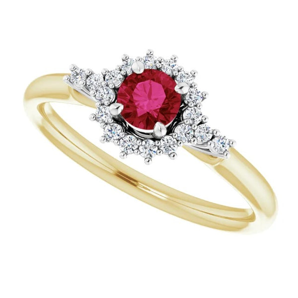Diamond Round Ruby Ring Halo Style Yellow Gold  Womans  Gemstone Ring