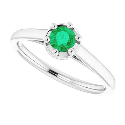 Gemstone Ring Six Prong Green Emerald Round Ring White Gold 
