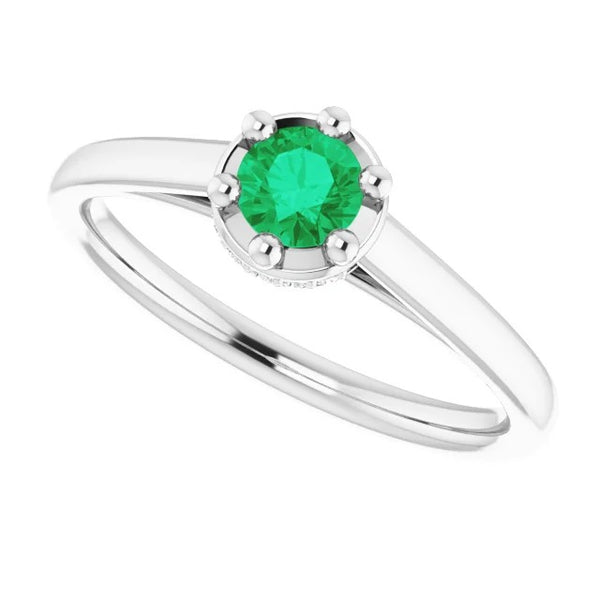 Gemstone Ring Six Prong Green Emerald Round Ring White Gold 