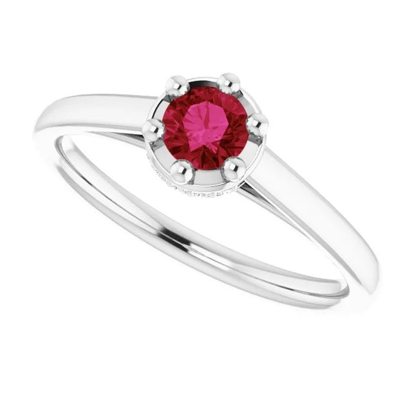 Gemstone Ring Round Ruby  White Gold Prong Style