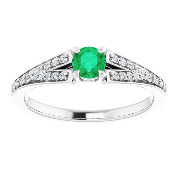 Ladies Split Shank Round Green Emerald  White Gold  Gemstone Ring Gemstone Ring
