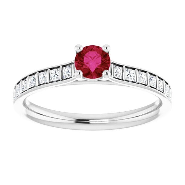 Gemstone Ring Ladies Round Ruby and Princess Diamond Ring