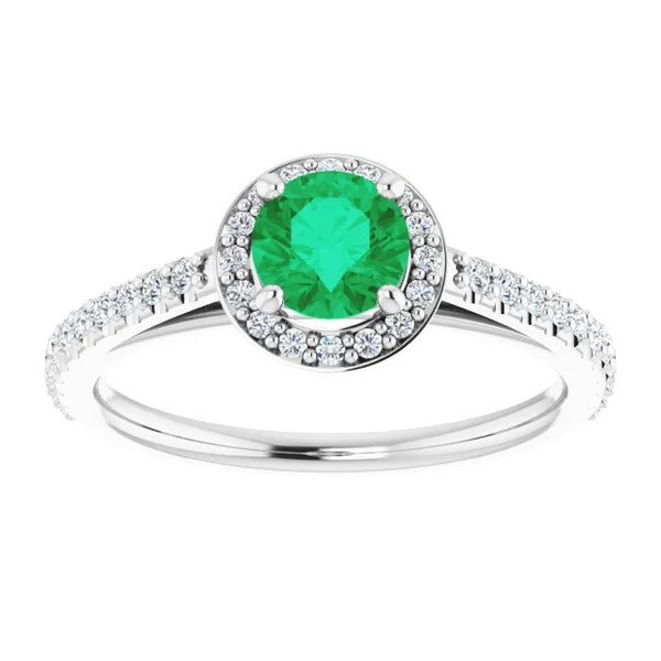 Brilliant Sparkling  Ring Round Halo Green Emerald White Gold  Gemstone Ring
