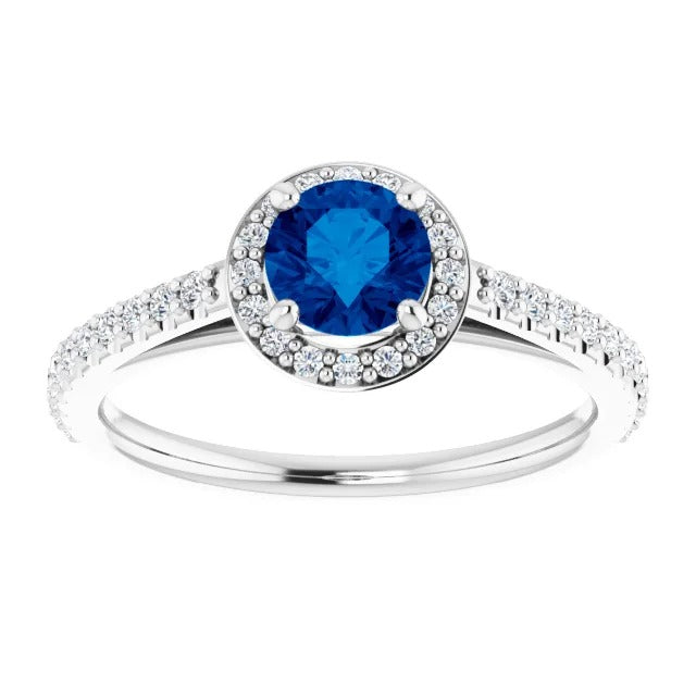 Round Halo Blue Sapphire    Ring White Gold Gemstone Ring