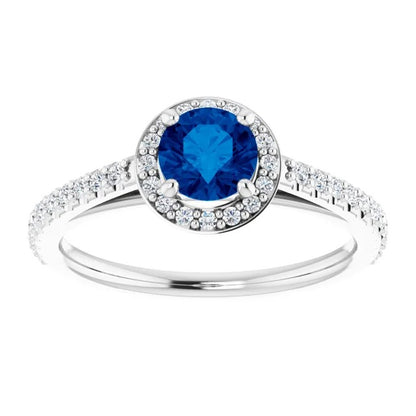 Round Halo Blue Sapphire    Ring White Gold Gemstone Ring