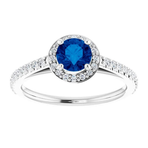 Round Halo Blue Sapphire    Ring White Gold Gemstone Ring