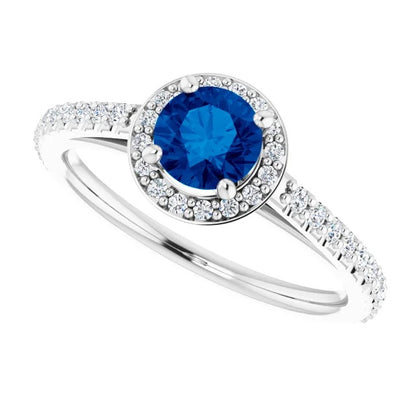 Brilliant Sparkling Gemstone Ring Round Halo Blue Sapphire  Ring White Gold 14K