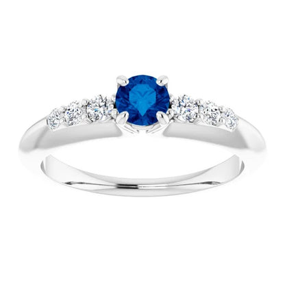  Four Prong Diamond Round Blue Sapphire  Ring  Lady’s Brilliant 