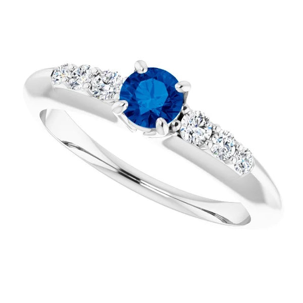 Lady’s Brilliant Gemstone Ring Four Prong Diamond Round Blue Sapphire   Ring
