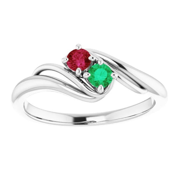 Green Emerald & Ruby Stones Ring Bypass Shank White Gold  Gemstone Ring