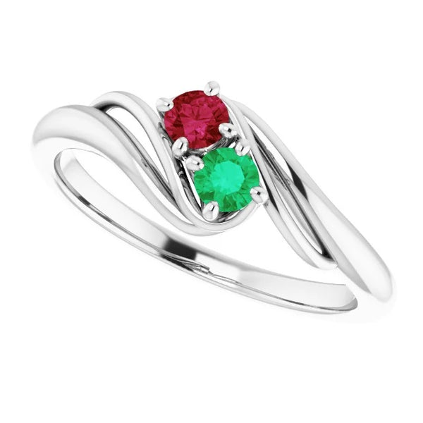 Green Emerald & Ruby Stones Ring Bypass Shank White