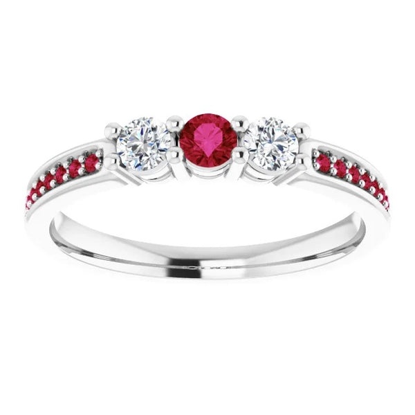New Channel Set Ring Diamond & Ruby Three Stone White Gold  Gemstone Ring