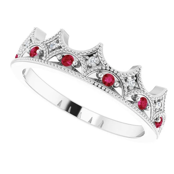 Gemstone Ring Crown Style Diamond & Ruby Stone Ring White Gold 14K 1.40 Carats