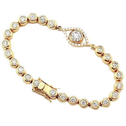 Lab Grown Diamond Bracelet 10.75 Carats Bezel Set Evil Eye Yellow Gold 14K