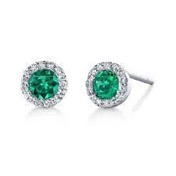Ladies  New  Green Emerald Halo Stud Earring White Gold