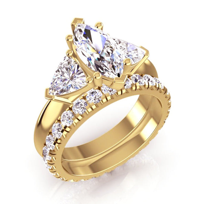 3 Stone Marquise Diamond Trillion Ring & Matching Band 3 Carats