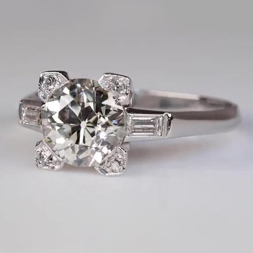 Flower Style Baguette Old European Round Diamond Ring 