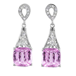 Ladies Dangle Earrings 26.70 Carats Pink Kunzite With Natural Earth Mined Diamonds
