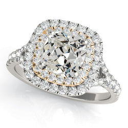 Ladies Double Halo Ring Cushion Old Cut Natural Earth Mined Diamond 8 Carats Two Tone