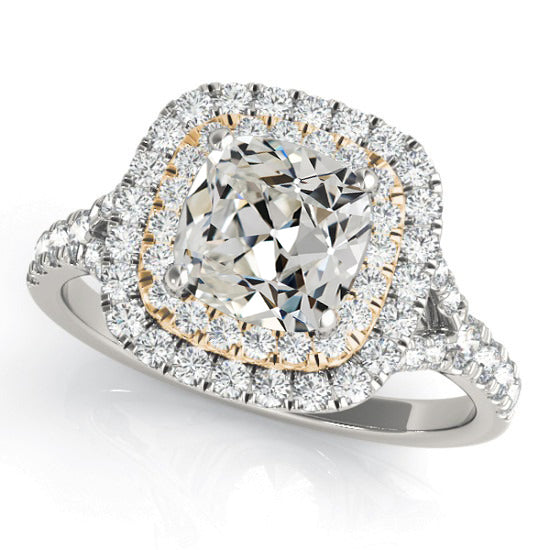Ladies Double Halo Ring Cushion Old Cut Diamond