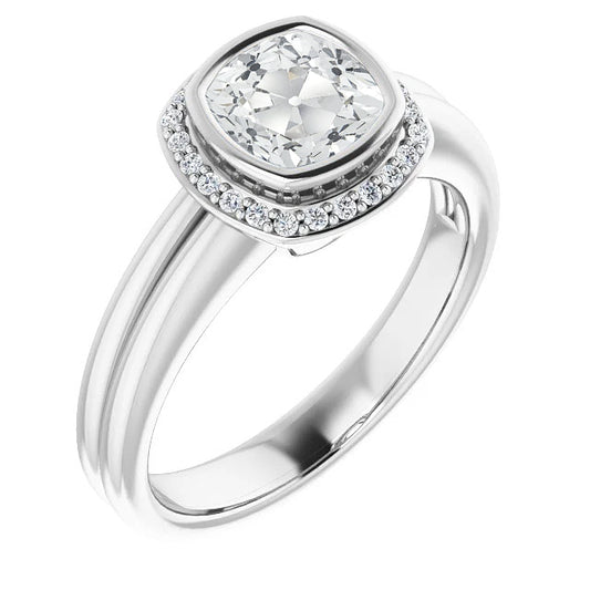 Ladies Halo Cushion Old Miner Diamond Ring Bezel Set