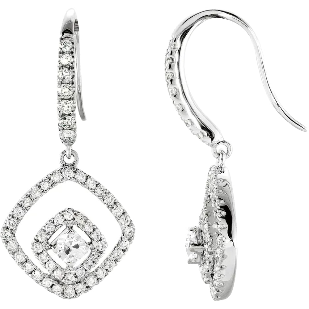 Ladies Halo Diamond Round Old Cut Dangle Earrings 4.50 Carats Gold