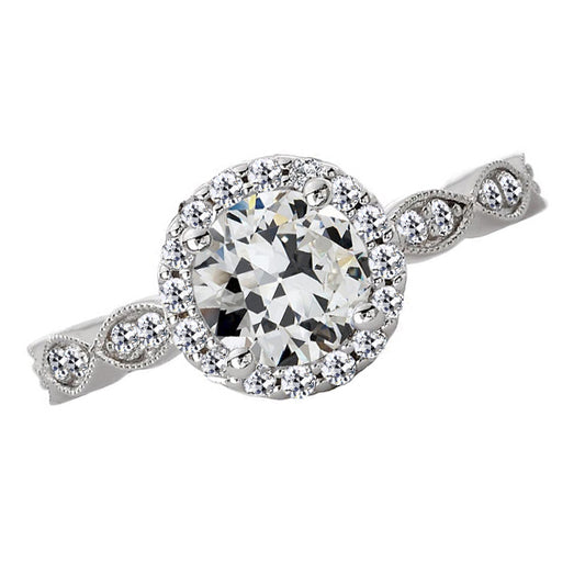 Ladies Halo Engagement Ring Old Miner Cut Diamond