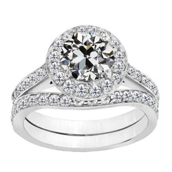 Ladies 3 Carats Halo Old Miner Engagement Ring Set White Gold 14K
