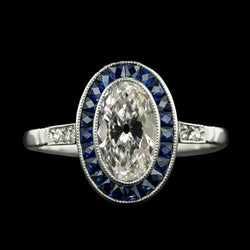 Ladies Halo Ring Oval Old Miner Natural Earth Mined Diamond & Blue Sapphires 6.75 Carats