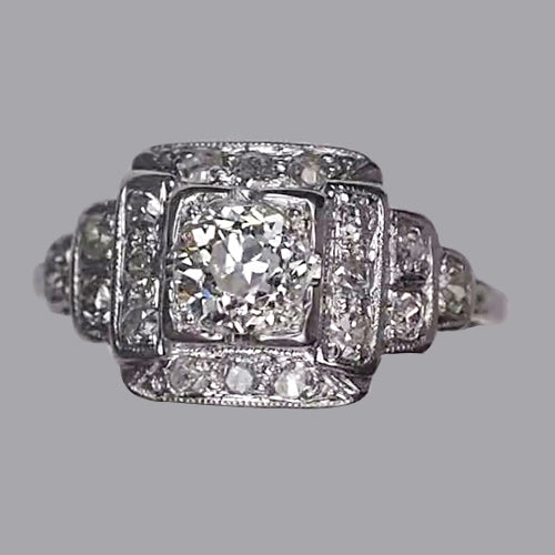 Halo Round Old Mine Cut Diamond Ring Milgrain 