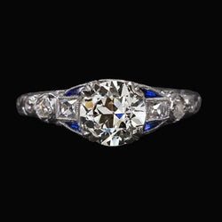 Genuine Ladies Round Old Cut Natural Earth Mined Diamond Ring With Baguette Sapphires 3.50 Carats