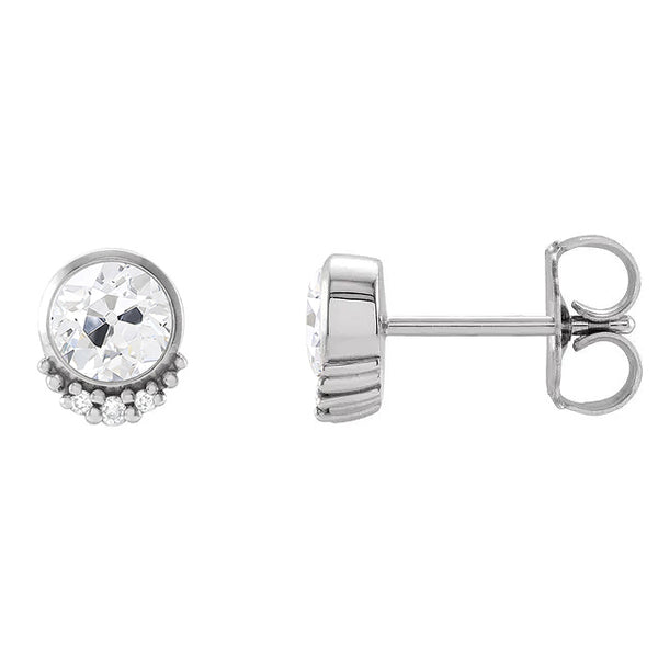 Ladies Stud Earrings Old Cut Diamond Bezel Set White Gold 14K