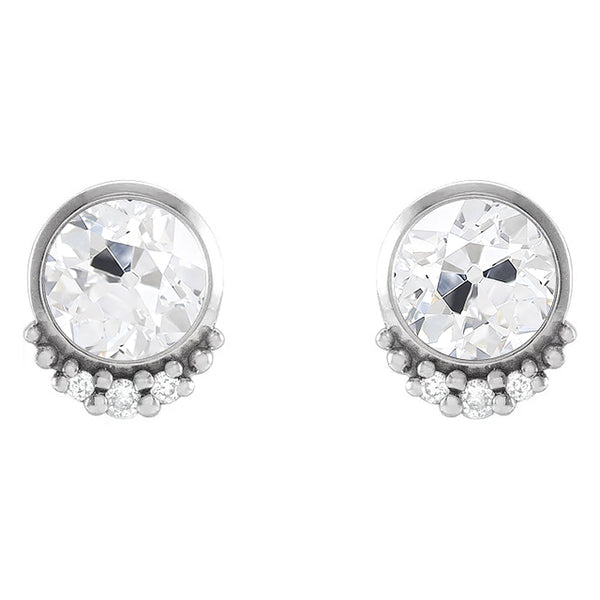 Ladies Stud Earrings Old Miner Cut Diamond Bezel Set White Gold