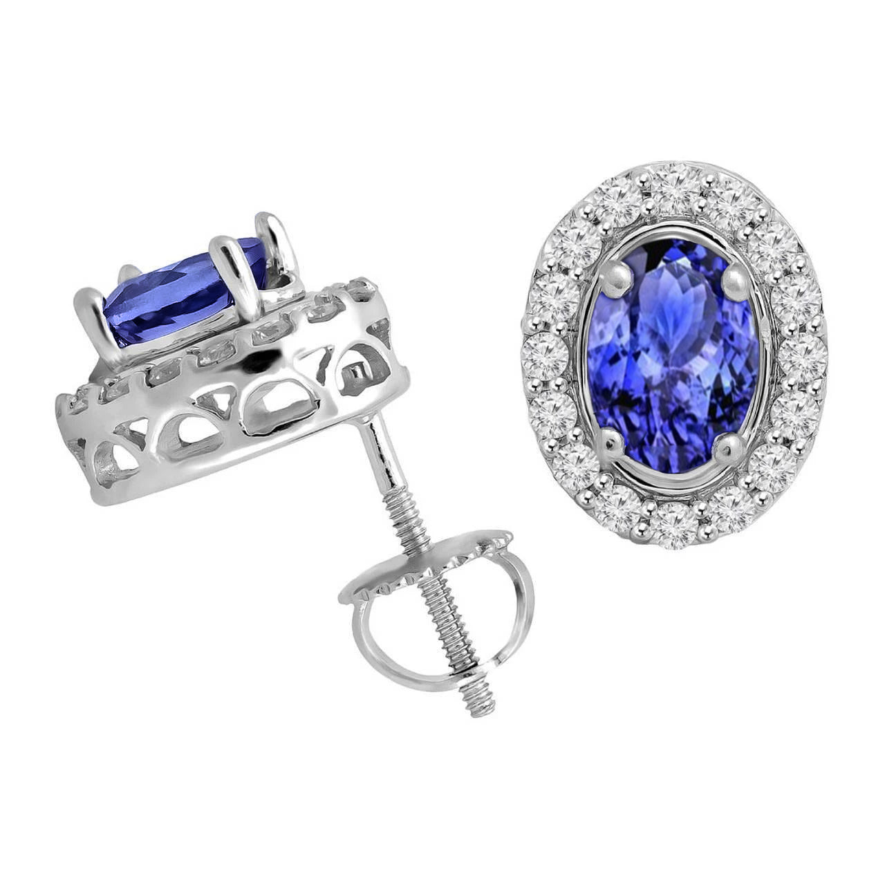 Ladies Studs Earrings 3.70 Ct Tanzanite With Natural Earth Mined Diamonds White Gold 14K