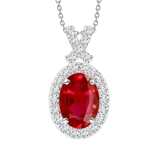 Ladies White Gold 14K Pendant Necklace 3.80 Carats Red Ruby Natural Earth Mined Diamonds